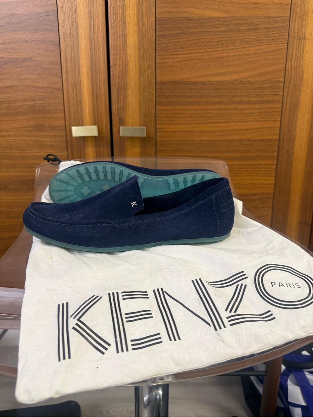 Kenzo Navy Suede Slip-On Drivers with Teal Rubber Sole